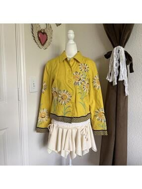 Vintage Nouveaux Sunflower Beaded Linen Jacket Women's 10 Yellow Campy Quirky
